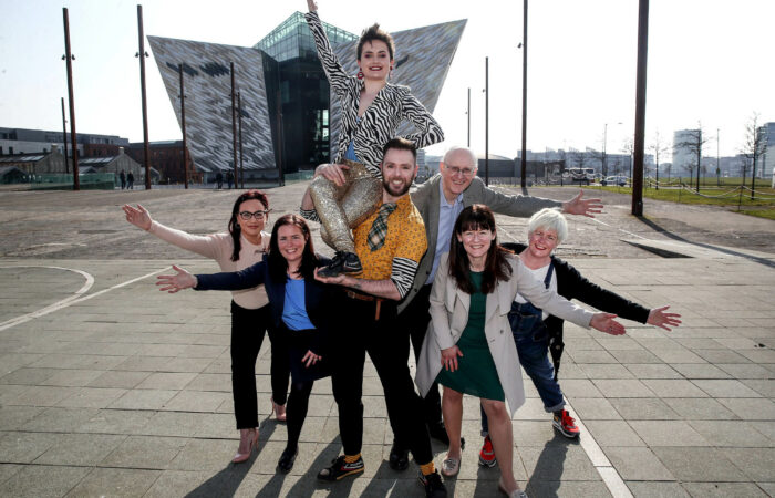 Pictured announcing Cristal Palace are (L-R): Siobhan Molloy, Arts Development Officer at the Arts Council of Northern Ireland; Eimear Kearney, Head of Marketing and Communications at Titanic Belfast; performers Emily McDonagh and Emmen Donnelly from Circusful; Richard Wakely, Artistic Director and Chief Executive at Belfast International Arts Festival; Kerrie Sweeney, Chief Executive Officer at Maritime Belfast; and Lee Robb, Programmes and Development Director at Circusful.