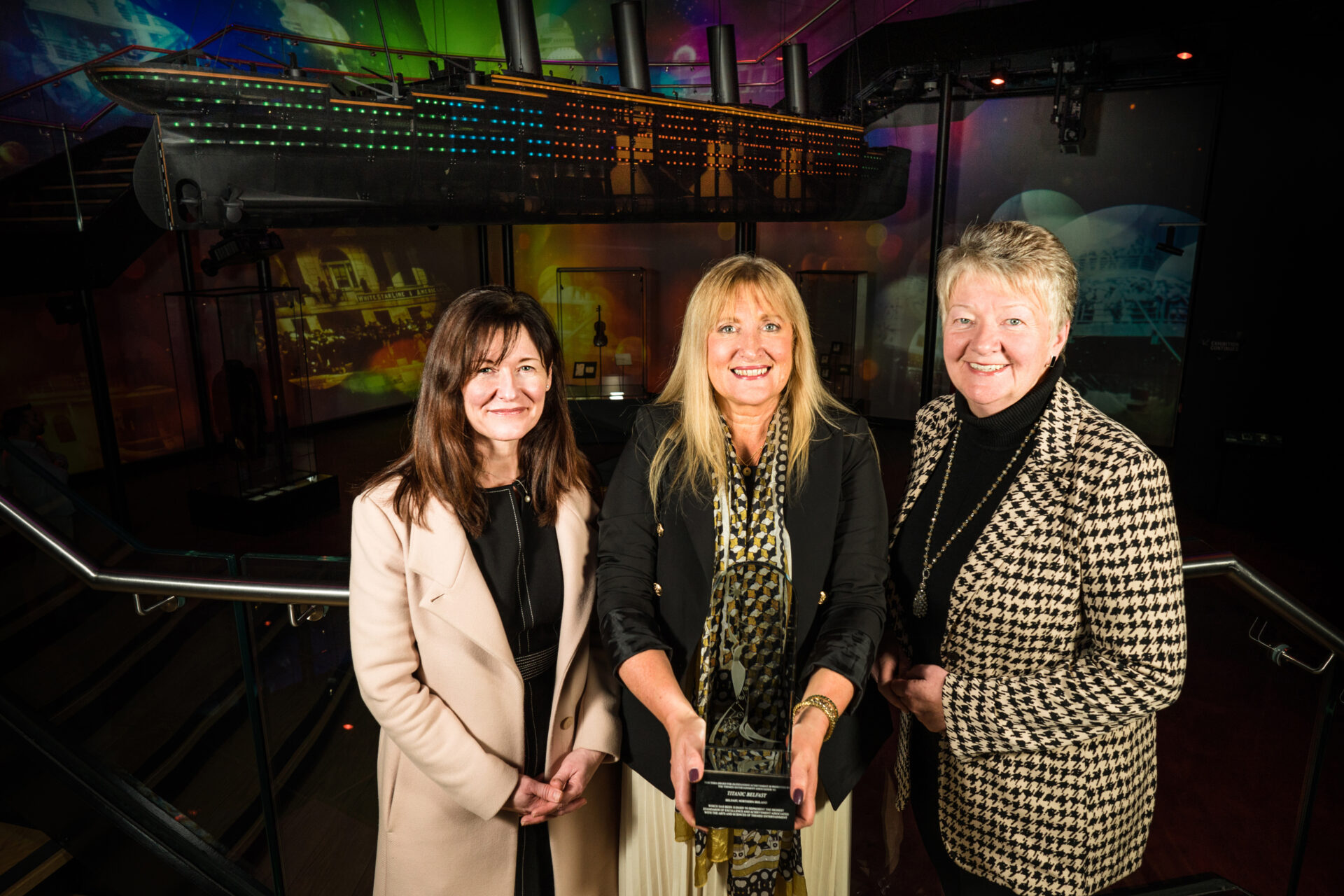 INTERNATIONAL AWARD FOR TITANIC BELFAST… Pictured at the announcement that Titanic Belfast has won the THEA Award for Outstanding Achievement – Visitor Experience Re-envisioned: Limited Budget are Kerrie Sweeney, Chief Executive of Maritime Belfast Trust, Judith Owens MBE, Chief Executive of Titanic Belfast and Ellvena Graham OBE, Chair of Tourism Northern Ireland.